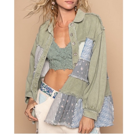 POL | NIP Sage 100% Cotton Color Block Mixed Print Raw Edges Patchwork Jacket M - Picture 1 of 9